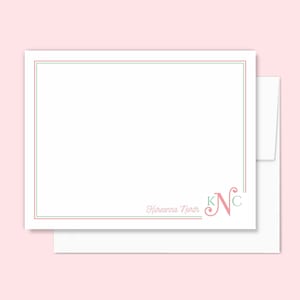 Personalized Monogram Note Card Set Women&#39;s Stationery, Stationary Set with Envelopes, Script Initials Flat Notecards, Pink Mint Green