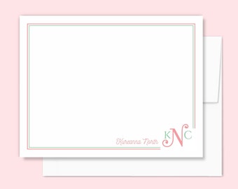 Personalized Monogram Note Card Set Women's Stationery, Stationary Set with Envelopes, Script Initials Flat Notecards, Pink Mint Green