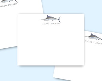 Personalized Stationery Set of Note Cards for Fisherman Custom Blue Marlin Fish Stationary Gift Set for Dad, Flat Notecards with Envelopes