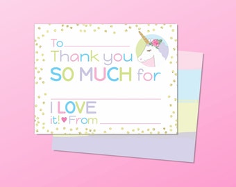Unicorn Fill In the Blank Thank You Notes for Girls Thank You Cards Kids Stationery Set of Notecards 2-sided, Pink Purple & Gold Dots