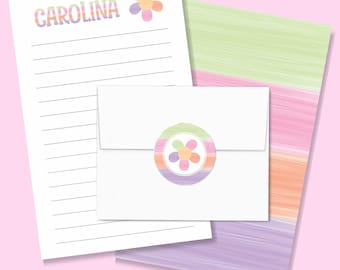 Personalized Girl's Letter Writing Set Lined Stationery Paper & Envelopes Cute kids camp stationary pen pal kit, Pink Purple Pastel Flowers