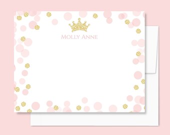 Personalized Princess Stationery, Princess Notecards, Girl's Stationary Set, Custom Flat Notecards with Envelopes, Girly Pink & Gold Glitter