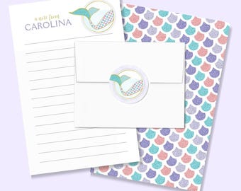 Personalized Girls Letter Paper, Mermaid Letter Writing Kit with lined paper, Stationary for summer camp, kids pen pal paper with envelopes