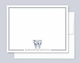 Personalized Stationery Set Monogram Note Cards for Women, Navy Blue Flat Cards & Envelopes, Elegant Initial gift for her, Mother's Day Gift