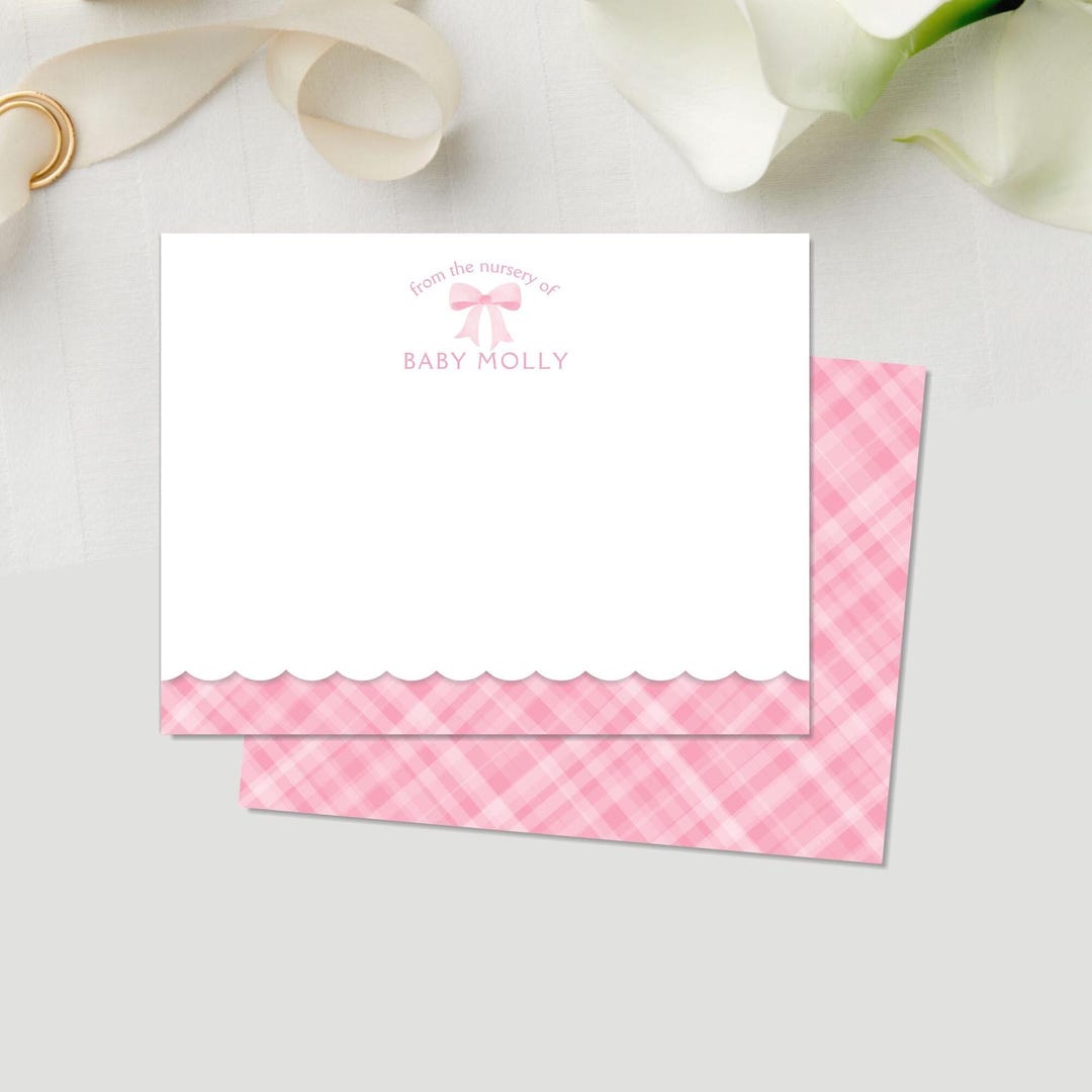 Personalized Bow Baby Shower Thank You Cards: Pink Gingham Baby Girl ...