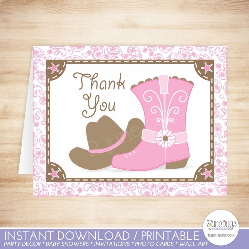 Cowgirl Birthday Party Thanks Cowgirl Baby Shower Thank You Card Cowgirl Thank You Card Template PRINTABLE INSTANT DOWNlOAD Pink Brown