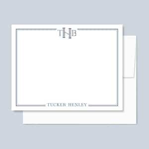 Personalized Monogram Stationery, Men&#39;s Monogram Notecards, Custom Masculine Initials Stationary Gift, Monogram Flat Note Cards, blue border
