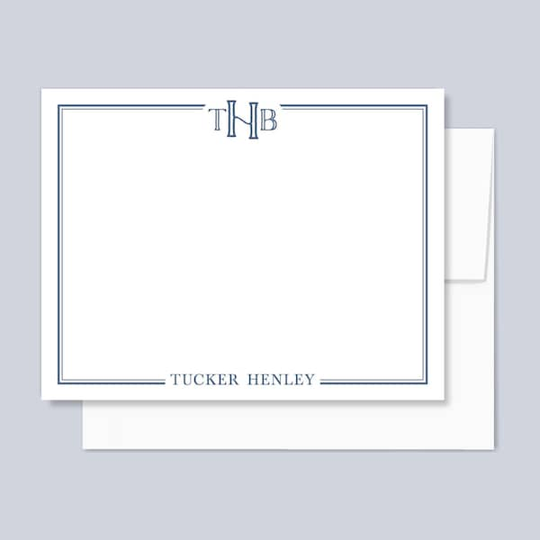 Personalized Monogram Stationery, Men's Monogram Notecards, Custom Masculine Initials Stationary Gift, Monogram Flat Note Cards, blue border