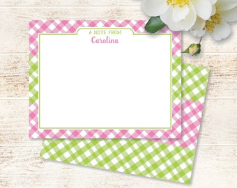 Personalized Girl's Stationery Set of Note Cards Custom Gift for Girls Flat Notecards with envelopes, Pink Green Gingham 2-sided Stationary
