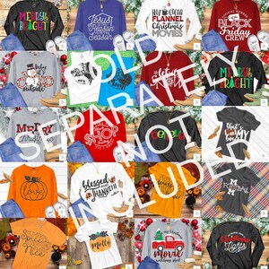 May include: A collage of 12 different t-shirt designs featuring various Christmas, Thanksgiving, and Autumn-themed graphics. The designs include phrases like "Merry & Bright", "Jesus is the Reason", "Hot Cocoa Flannel Christmas Movies", "Official Member Black Friday Crew", "Baby it's Cold Outside", "Let it Snow", "Merry & Bright", "Time to Shop", "Believe", "That's My Boy", "Love", "Blessed & Thankful", "Autumn Leaves", "Football Mom", "Pumpkin Spice Everything Nice", "Molly", "My Christmas Movie Watching Shirt", and "Christmas Lights".