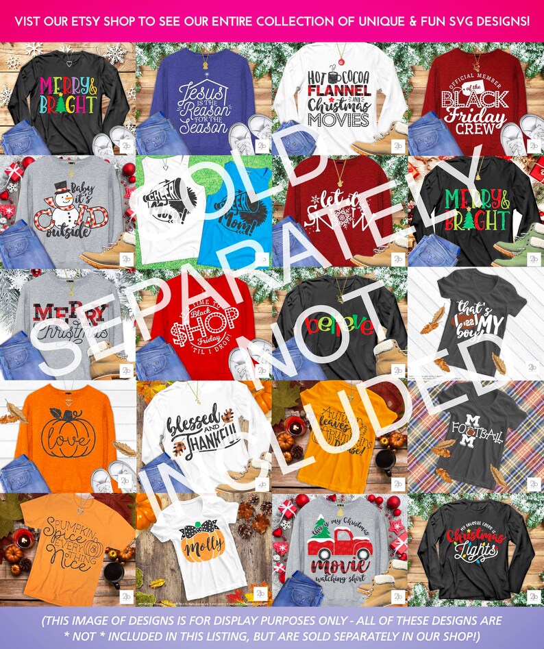 May include: A collage of 12 different t-shirt designs featuring various Christmas, Thanksgiving, and Autumn-themed graphics. The designs include phrases like "Merry & Bright", "Jesus is the Reason", "Hot Cocoa Flannel Christmas Movies", "Official Member Black Friday Crew", "Baby it's Cold Outside", "Let it Snow", "Merry & Bright", "Time to Shop", "Believe", "That's My Boy", "Love", "Blessed & Thankful", "Autumn Leaves", "Football Mom", "Pumpkin Spice Everything Nice", "Molly", "My Christmas Movie Watching Shirt", and "Christmas Lights".