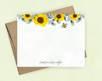 Personalized Bee Note Card Set for her Personalized Girl's Stationery, Stationary Gift Set with Envelopes, Sunflowers & Bee Flat Notecards