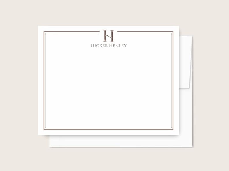 Personalized Monogram Stationery Set of Men's Monogram Notecards Masculine Initial Stationary Custom Gift Monogram Flat Note Cards, brown image 1