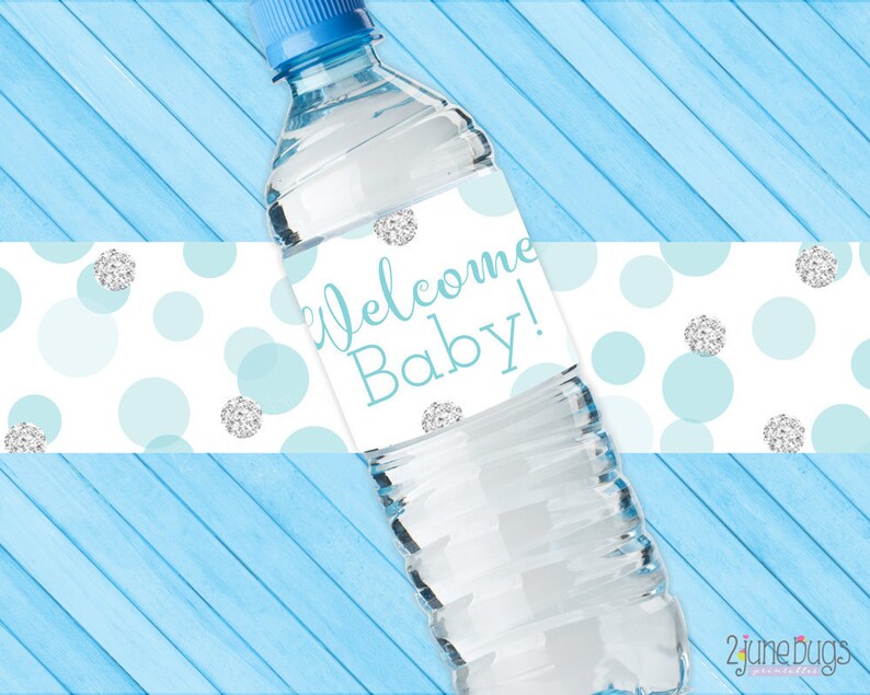 Blue And Silver Baby Shower Water Bottle Labels Drink Wrappers Silver Glitter Dots Boy Baby Shower Decor Printable Instant Download