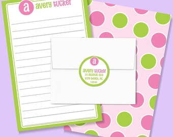 Personalized Girl's Letter Writing Set, Monogram Pink Polka Dots Lined Paper & Stickers, kids camp pen pal stationery and envelope seals
