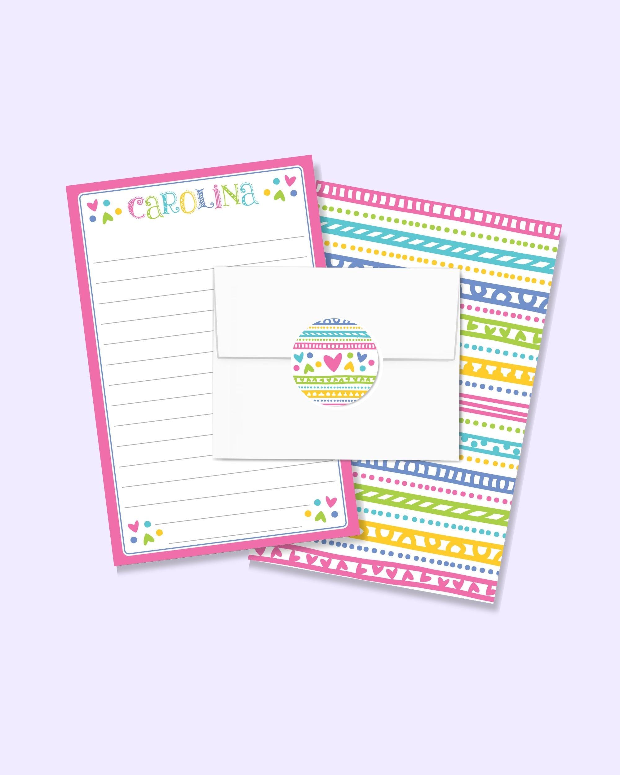Personalized Girl's Stationery Letter Paper, Colorful Patterns Letter Writing Set for kids, Lined stationary for camp or pen pals