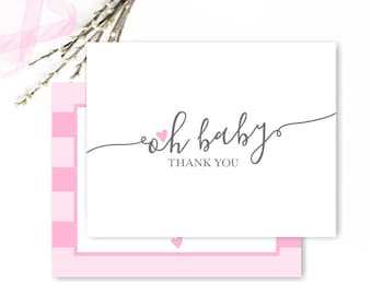 Simple Baby Shower Thank You Cards, Pink Heart, Baby Girl Thank You Notes, Girl Baby Thank You, new baby FLAT thank you card, cute note set