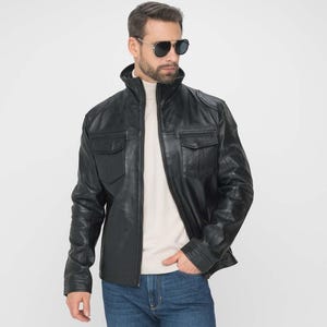 BrandoLondon Men's Vintage Trucker Leather Jacket Gothic Black Lambskin Leather Jacket