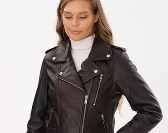 Women’s Black Real Lambskin Leather Biker Jacket Classic Moto Style, Fitted Motorcycle Outerwear