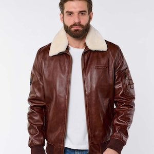 Brando London Brown Bomber Leather Jacket Men&#39;s A2 Top Pilot Jacket Genuine Sheepskin  Leather Jacket Fur Collar Leather Jacket