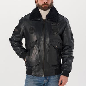 Men’s Black Sheepskin Leather Aviator Jacket | Detachable Fur Collar, Patches