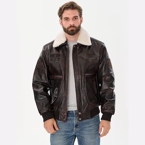 Blouson aviateur pour homme en cuir de vachette marron - Bomber aviateur G1 vintage avec col en peau de mouton