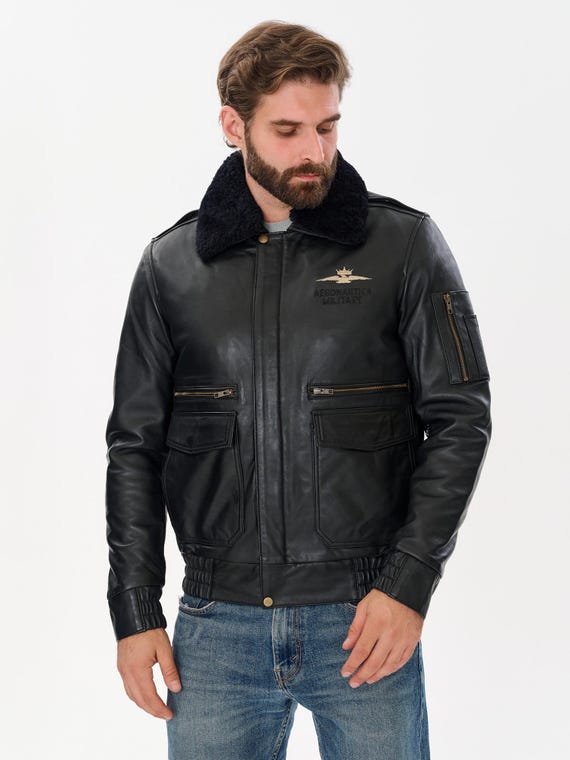 Black Sheepskin Leather MA1 Bomber Jacket: Air Force Pilot Style