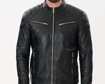 Men's Cafe Racer Black Leather Jacket - Slim Fit Retro Biker Style, Casual Motorcycle Jackets