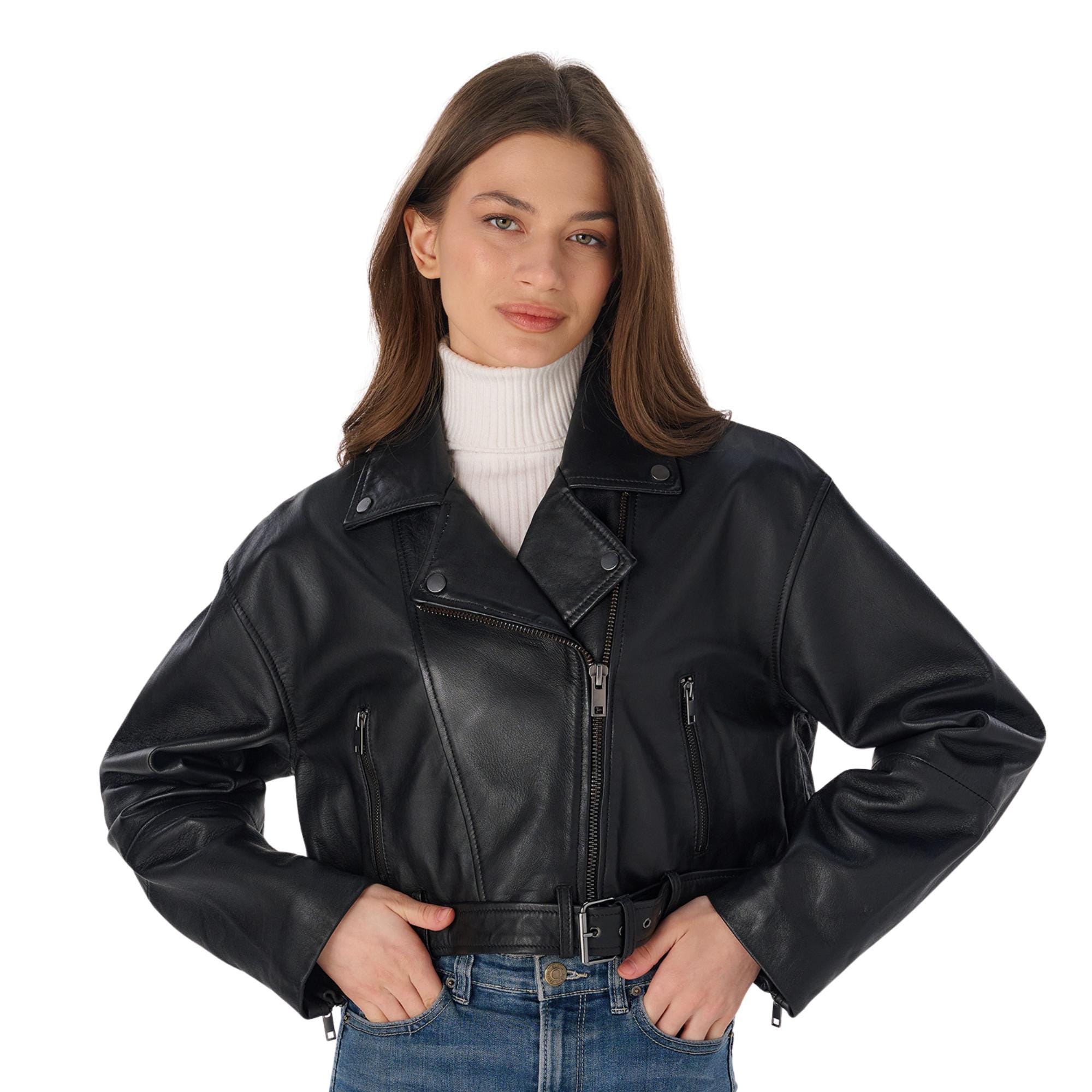 Women's Genuine Lambskin Biker Leather Jacket | Ladies Black Crop