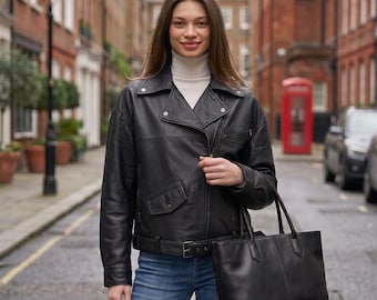 Oversized zwart nappaleren jack dames lamsleer bikerstijl, handgemaakte custom leren jas, cadeau voor haar