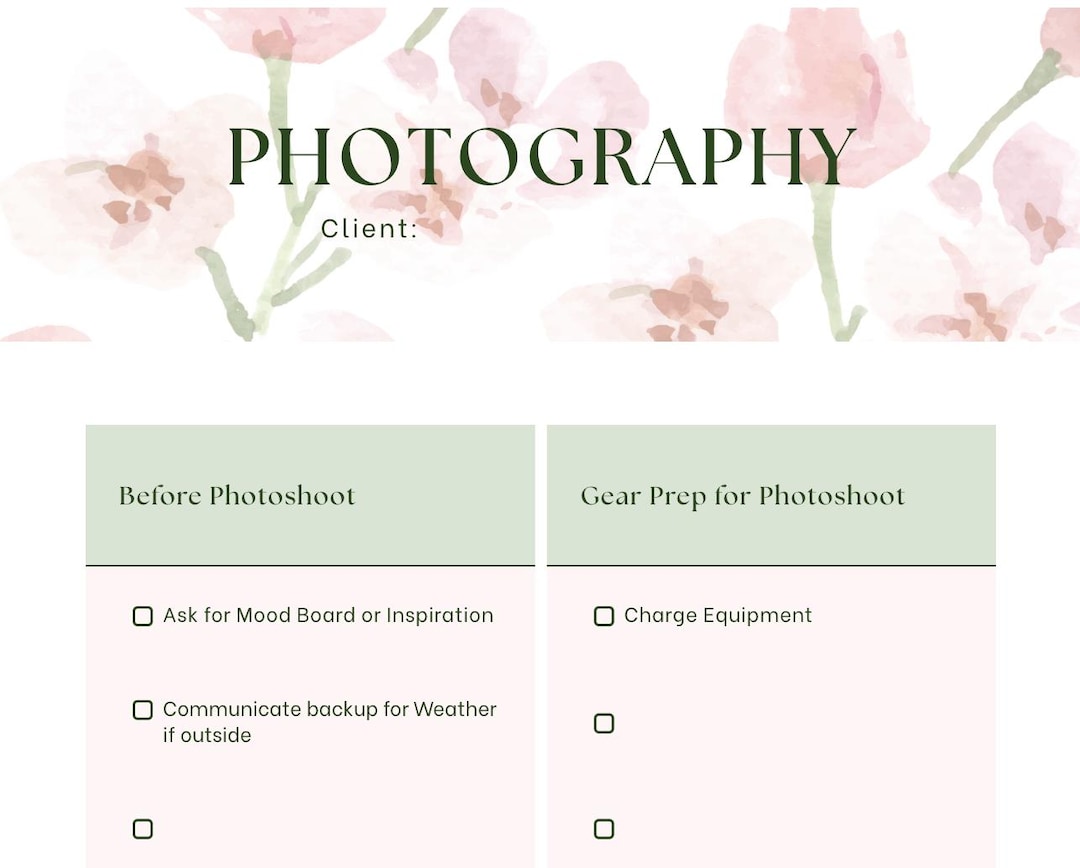 Photoshoot Checklist, Photography Checklist, Canva Template or PDF File ...