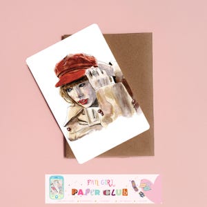Ilustración del álbum "Red" de Taylor Swift en formato de postal de acuarela, papelería musical de cultura pop, regalo para la generación del milenio.