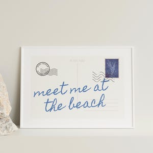Meet Me at The Beach Trendy Post Card Print, Coastal Wall Art, Blue Typography Art, Beach House Aesthetic Decor, Summer Art, Digital Print