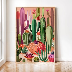 Desert Cactus Wall Art Print, Pink Apartment Printable, Southwestern Painting, Girly Western Aesthetic, Trendy Boho Room Decor Digital Print