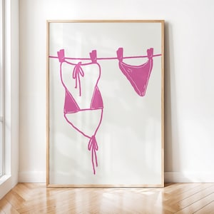Summer Print Pink Bikini on Clothesline Digital Print, Trendy Wall Art, Coastal Girly Print, Preppy Aesthetic, Beach Dorm Room Decor
