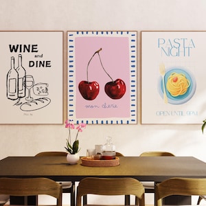 Kitchen Wall Art, 3 Piece Wall Decor, Set of 3 posters, Pasta lover, Wine and Dine, Cherries printable art, Digital Download