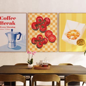 Kitchen Wall Art, 3 Piece Wall Decor, Set of 3 posters, Cutlery, wine and cheese, Coffee, line art, Digital Download