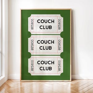 couch club ticket stub printable wall art, digital download, vintage ticket poster, living room prints, trendy, housewarming gifts