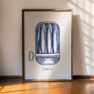 Sardines Print, Blue Wall Art,  Sardine Tin Vintage Poster, Retro Sardine Wall Art, Fish Print, Digital Wall Art, Kitchen Art, Vintage Print