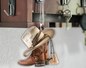 Custom Horse Lover Cowboy Cowgirl Hat Boots Decor Gift Name Personalized Name Car Rear View Mirror Accessories Car Ornament Hanging Charm Interior Rearview Pendant Decor 
