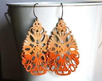 circle cutout metal 41mm Earring or Necklace pendant bead one hole top jewelry reddish orange Orange Filigree Cyclone Tornado Oval Beads