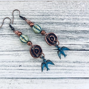 Copper Soaring Bird Earrings, Rustic Copper Dangle Earrings, Antique Copper, Czech Glass
