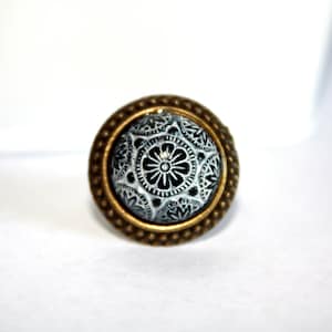 Black Colored Floral Rustic Czech Glass/Antique Bronze Adjustable Ring, Rustic Jewelry,