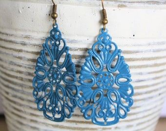 Handpainted Blue Filigree Teardrop Earrings, Blue Earrings, Handpainted Earrings, Boho Earrings Rustic Jewelry Dangle Earrings