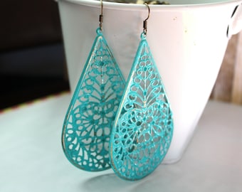 Teardrop Filigree Earrings, Turquoise Earrings, Handpainted Earrings, Bronze Earrings,Earrings Boho Earrings Rustic Jewelry Dangle Earrings