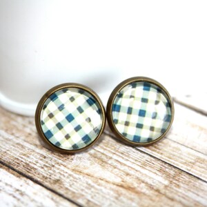Navy Plaid Earrings, Stud Earrings, Bronze Ear Posts, Summer Jewelry,