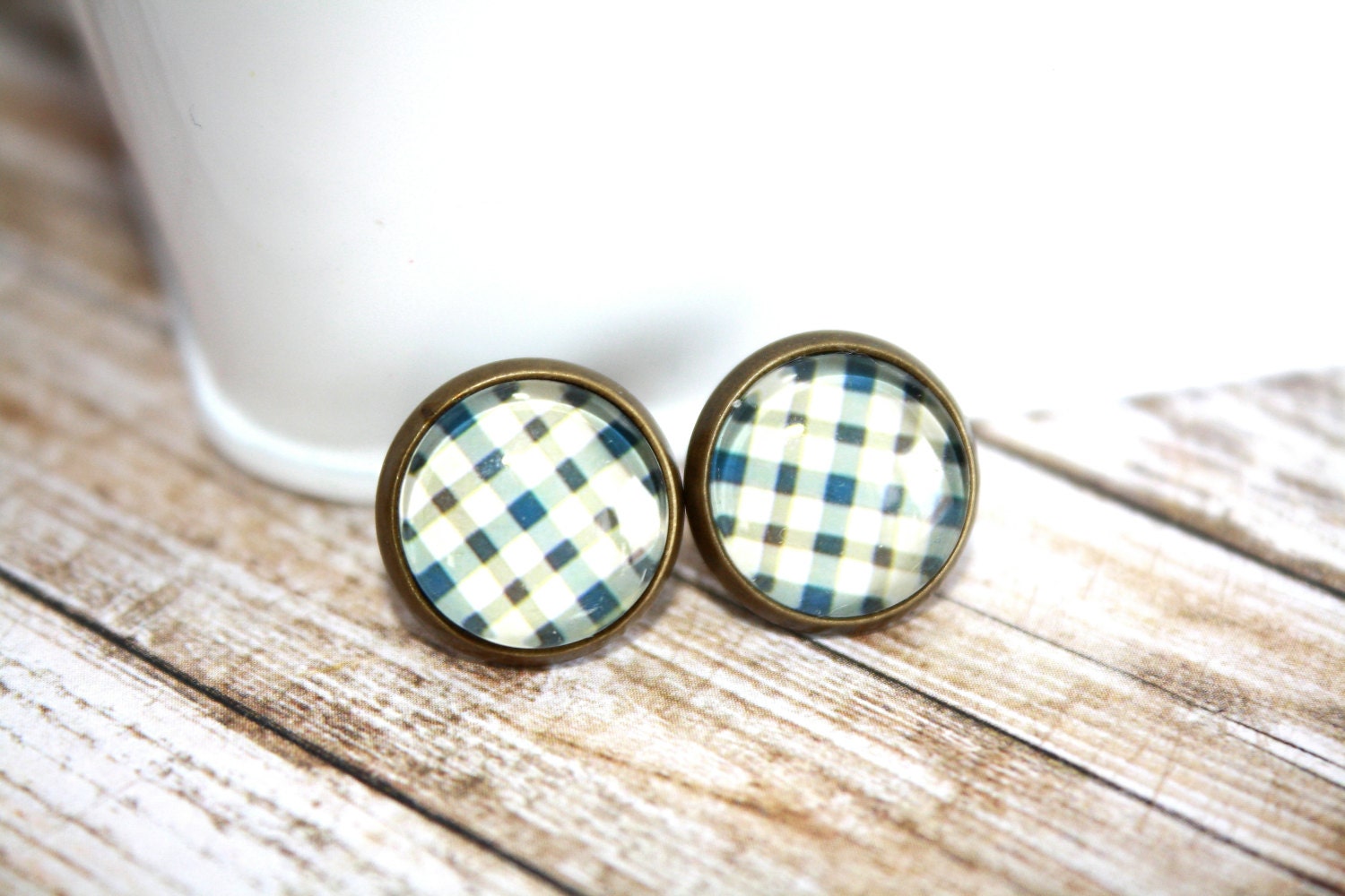 Navy Plaid Earrings, Stud Earrings, Bronze Ear Posts, Summer Jewelry,