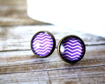 Purple Chevron Pattern Stud Earrings, Bronze Ear Posts