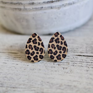 Leopard Wood Teardrop Earrings, Christmas Earrings, Holiday. Animal Print Earrings, Stud Earrings, Bronze Ear Posts,  Wood Earrings