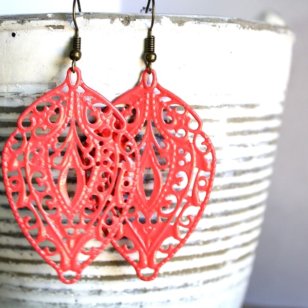 Filigree Earrings, Salmon Color, Hand Painted Earrings, Salmon Colored Jewelry, Statement Earrings